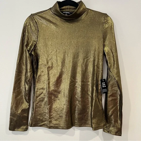 Express Metallic Shimmer gold ribbed long sleeve mock neck top size M NWT - Picture 2 of 13